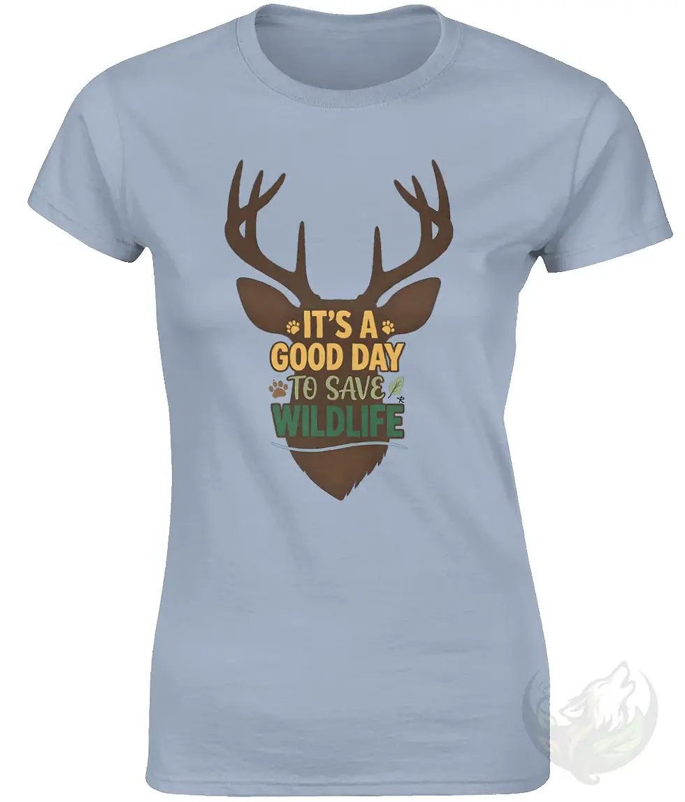 Thumbnail: Fitted light blue tee showing a deer silhouette filled with multicolor wildlife typography.