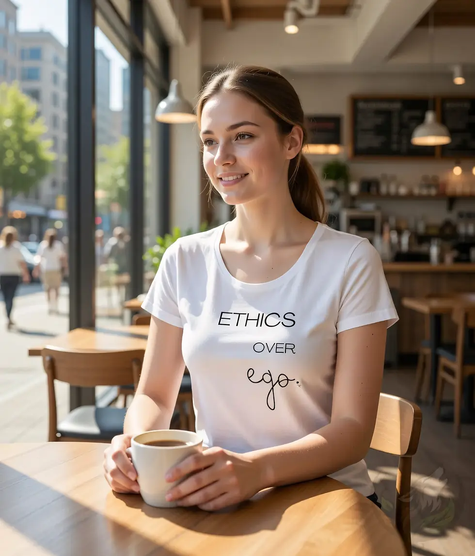 Thumbnail: White fitted tee with the Vegan Quotes “Ethics Over Ego” design worn in a simple indoor setting.