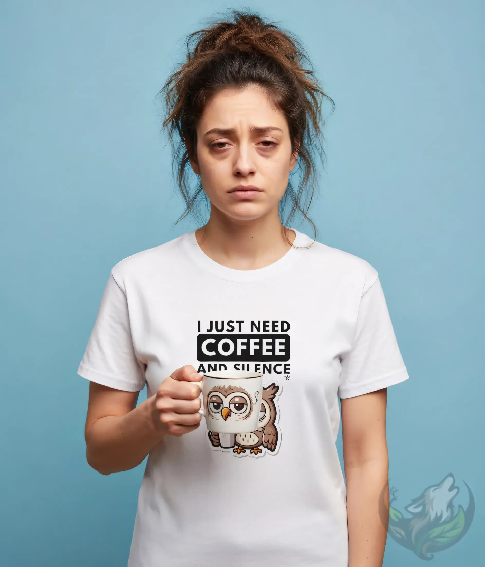 Woman in white fitted t-shirt with grumpy owl graphic and funny text "I just need coffee and silence".