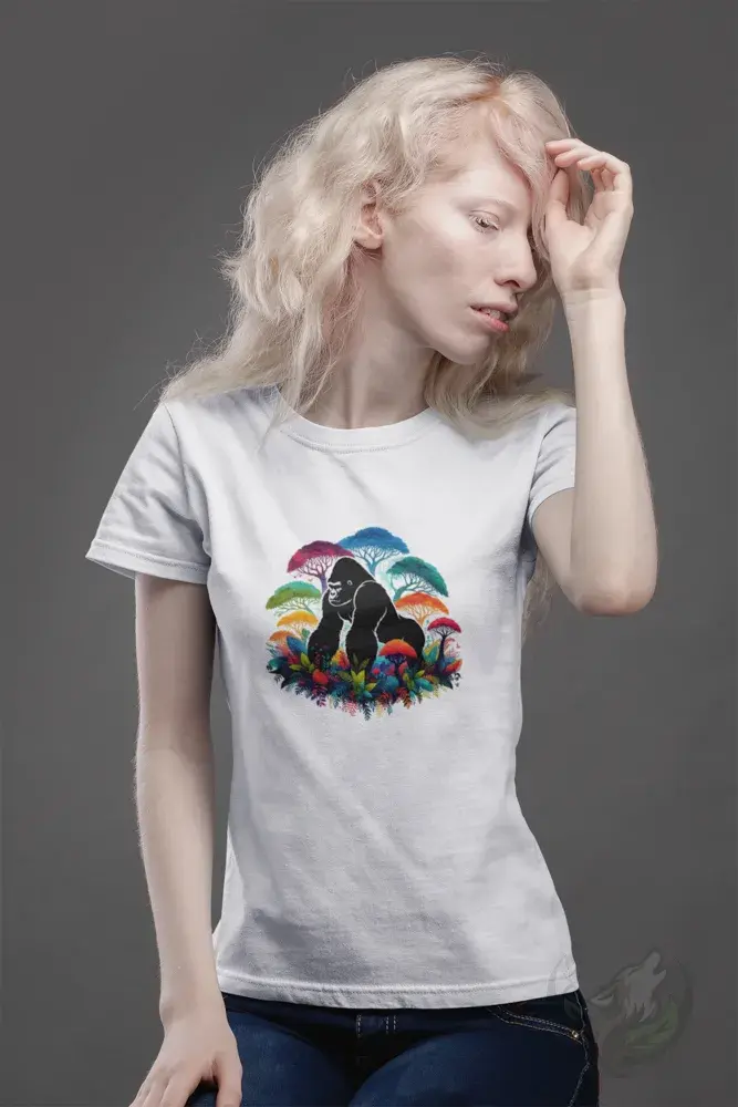 Woman wearing a white fitted tee with a colorful gorilla design, photographed in a bright, simple studio.