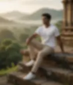 White unisex t-shirt on man sitting on temple steps with misty view, geometric dragonfly "Wild and Free".