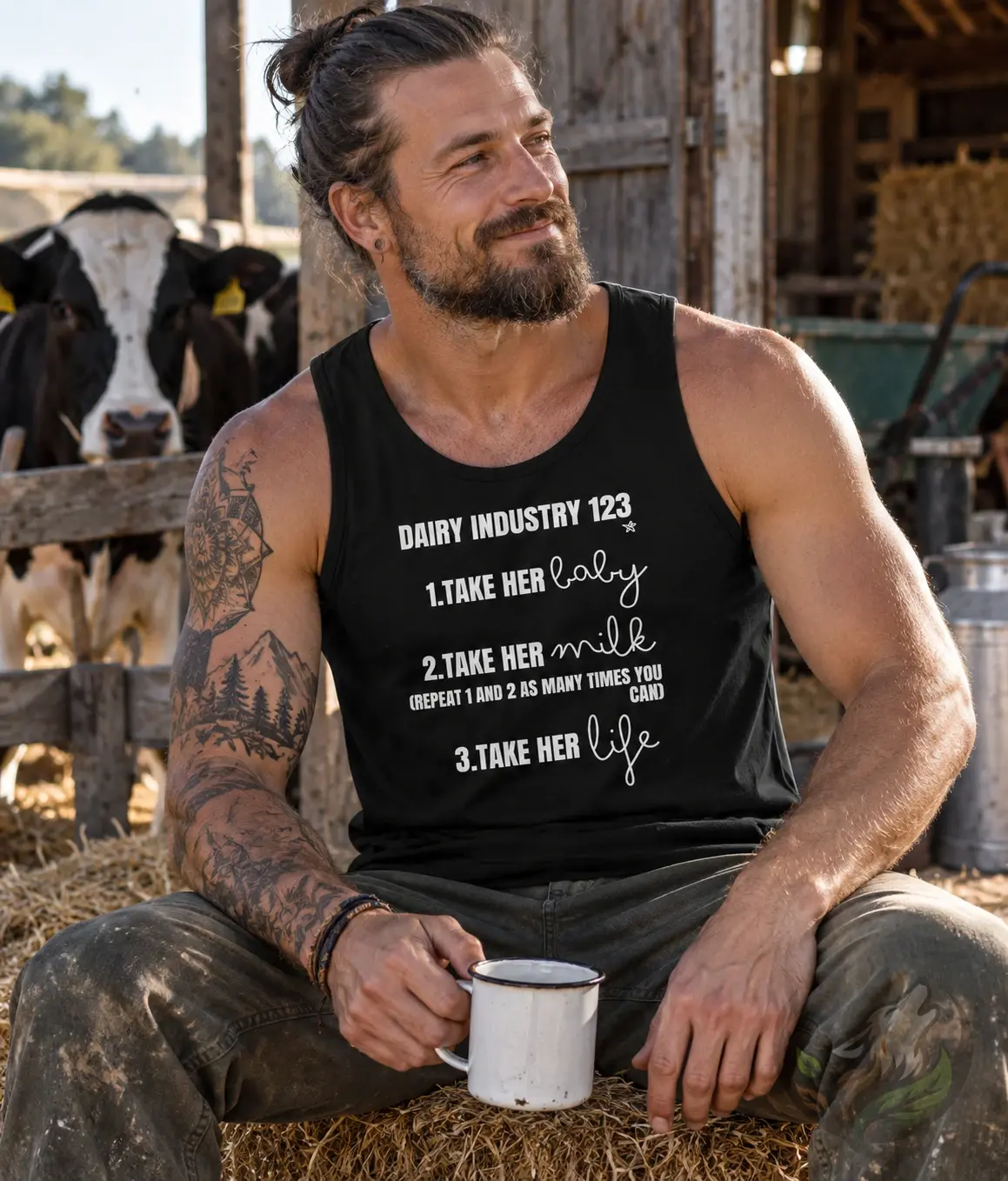 Mens black tank top with Dairy Industry 123 design worn by a bearded man seated near cows