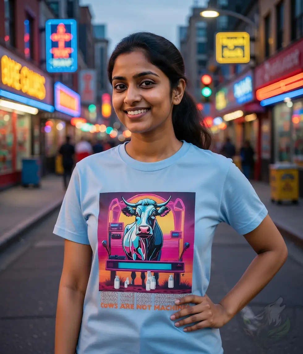Thumbnail: Light‑blue fitted tee with the Vegan Quotes “Cows Are Not Machines” design worn in a city‑street setting.