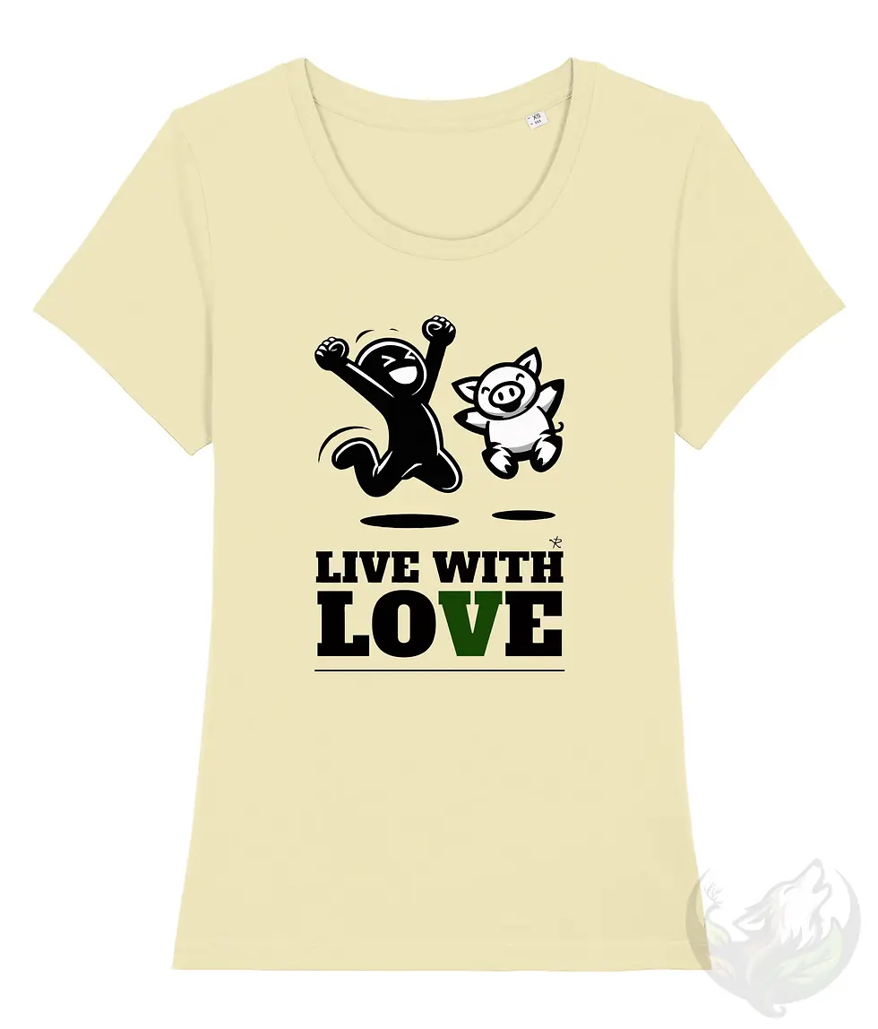 Thumbnail: Butter yellow scoop neck t-shirt with jumping black figure and pig, "LIVE WITH LOVE" text.