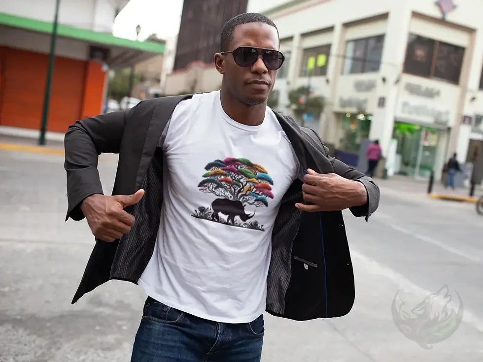 Thumbnail: White unisex t-shirt on smiling man in city street wearing jacket, colorful wildlife rhino graphic.