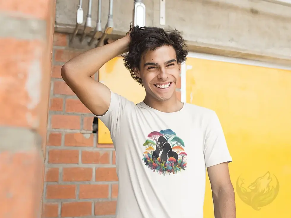 Thumbnail: White unisex t-shirt on smiling young man with curly hair outdoors, colorful jungle gorilla and rainforest graphic.