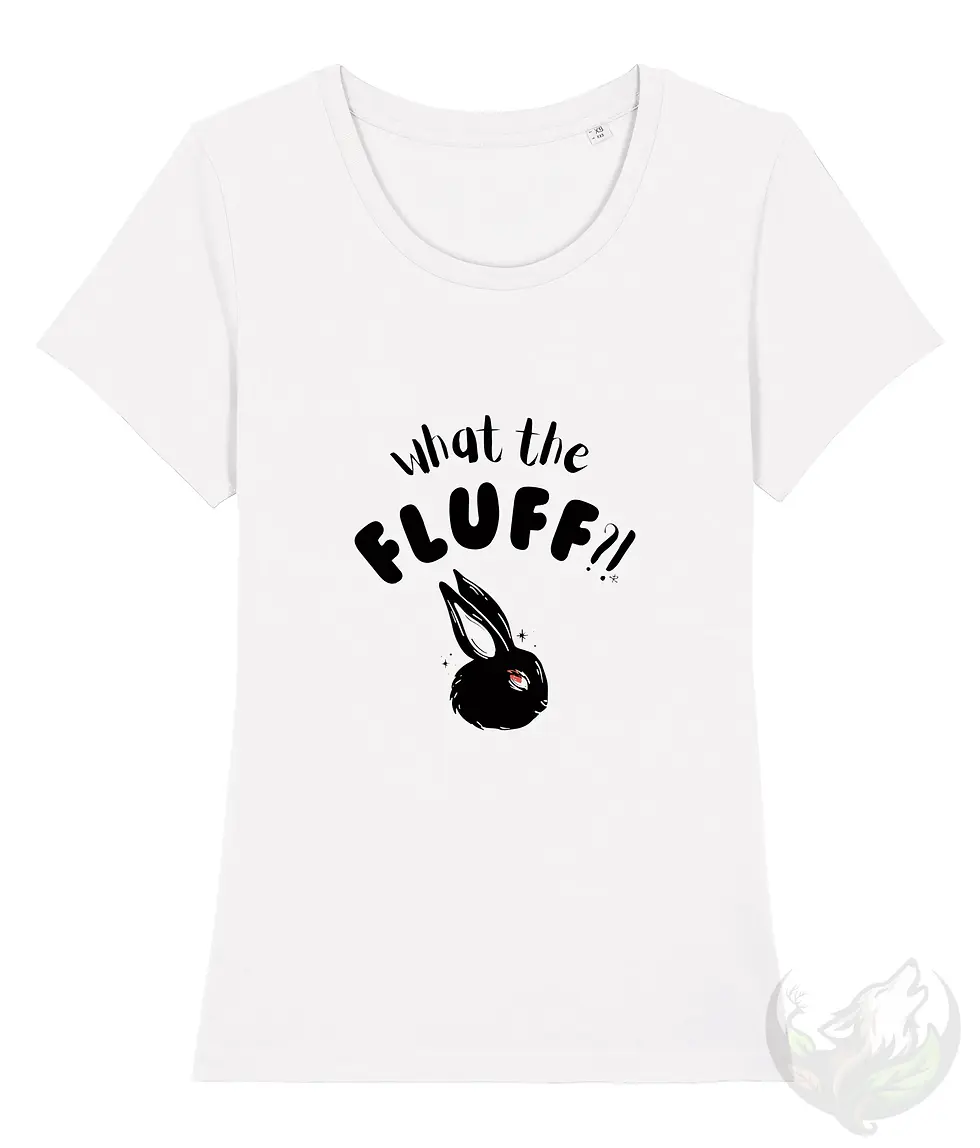 Thumbnail: White scoop neck t-shirt with funny "What the Fluff?!" text and black rabbit graphic design.
