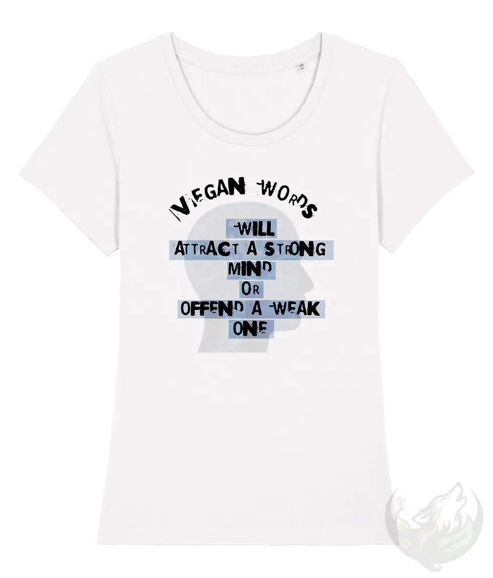 Thumbnail: White scoop‑neck women’s vegan shirt with the “Vegan Words” brain and head silhouette design.