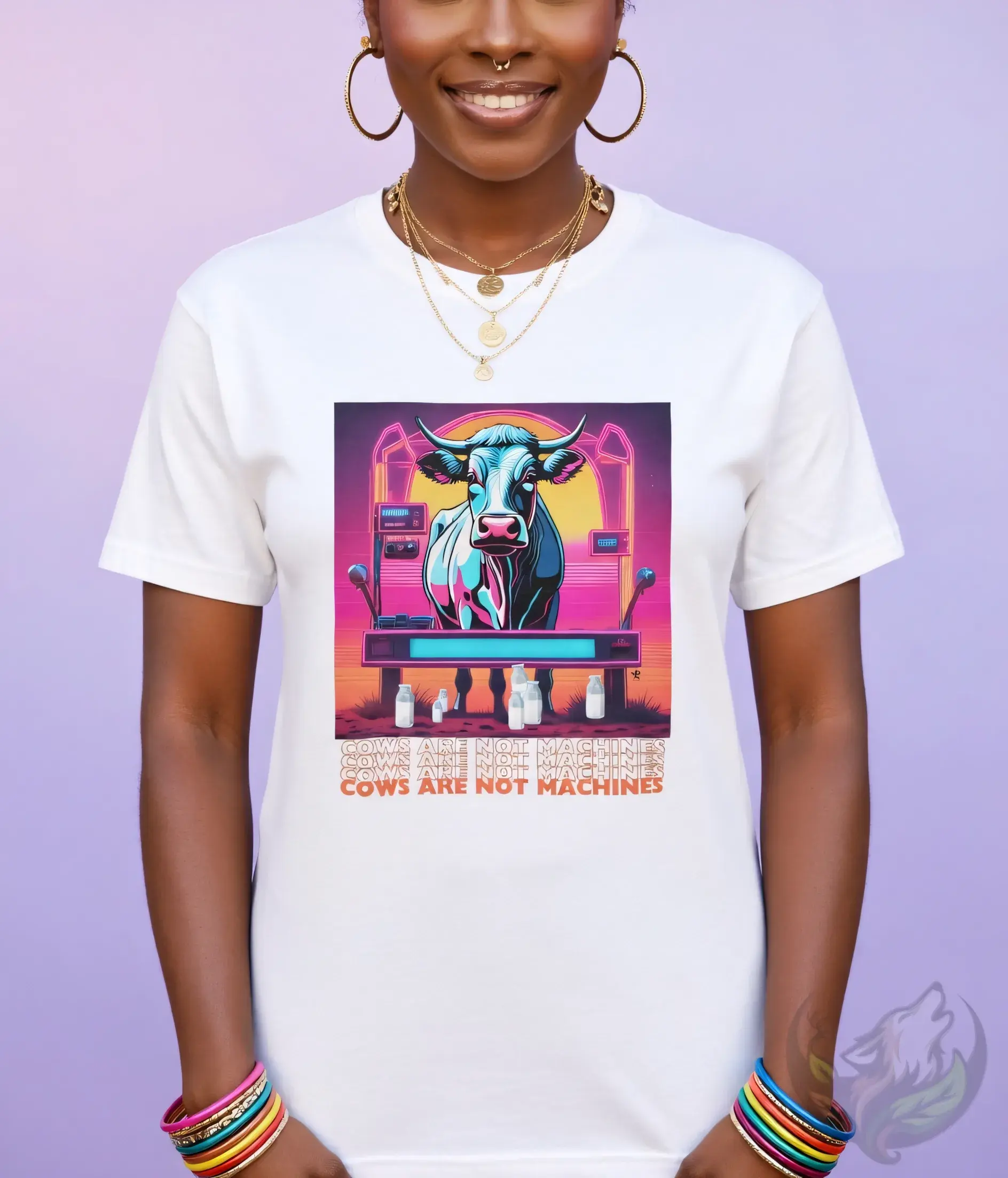 White fitted tee with the Vegan Quotes “Cows Are Not Machines” design shown in a studio setting.