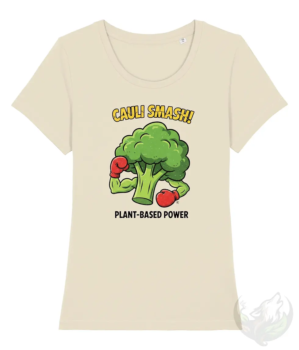 Thumbnail: Natural scoop neck tee with Cauli Smash vegan cartoon design displayed against a clean light background.