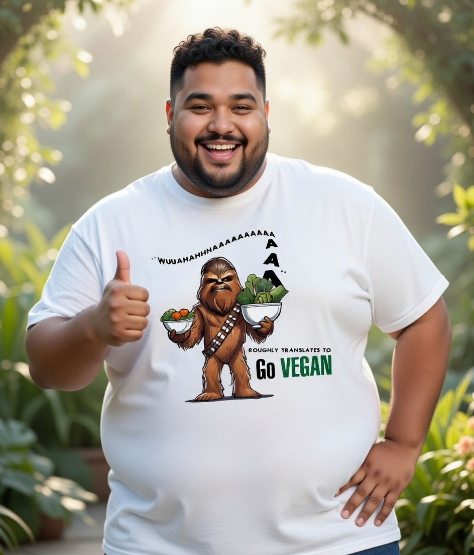 plus size vegan sw chewbacca lifestyle – plus size man wearing a white shirt with a playful sci fi parody vegan message