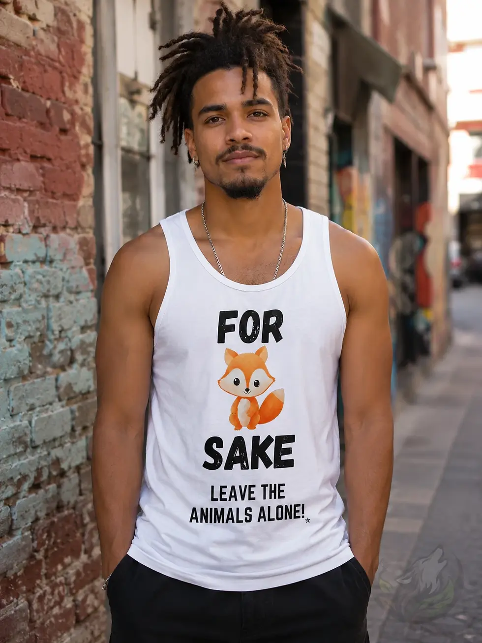 Man outdoors wearing a white tank top with a cute fox illustration and For Fox Sake Leave The Animals Alone text.