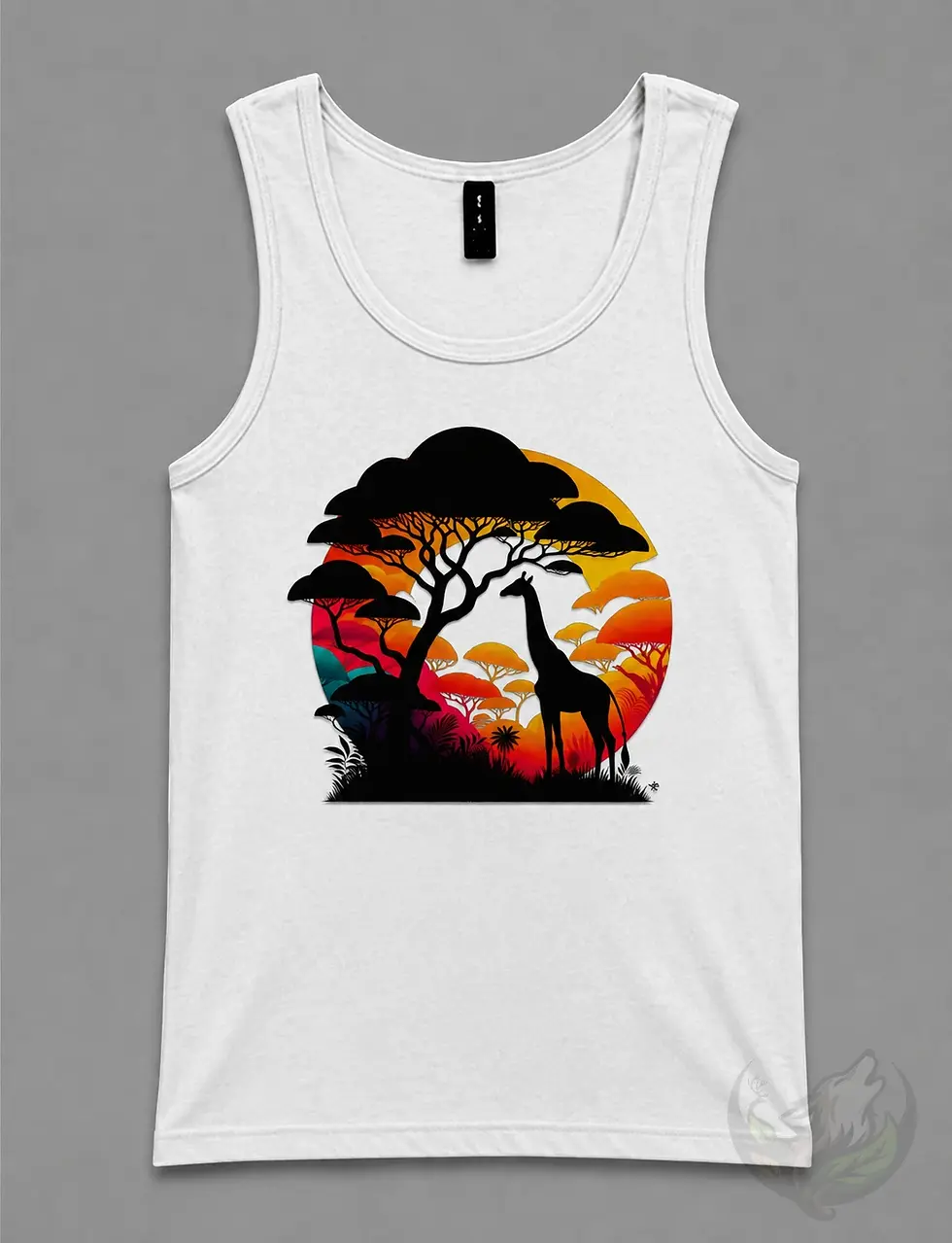 White men’s tank top with colorful wildlife giraffe and sunset savanna design.