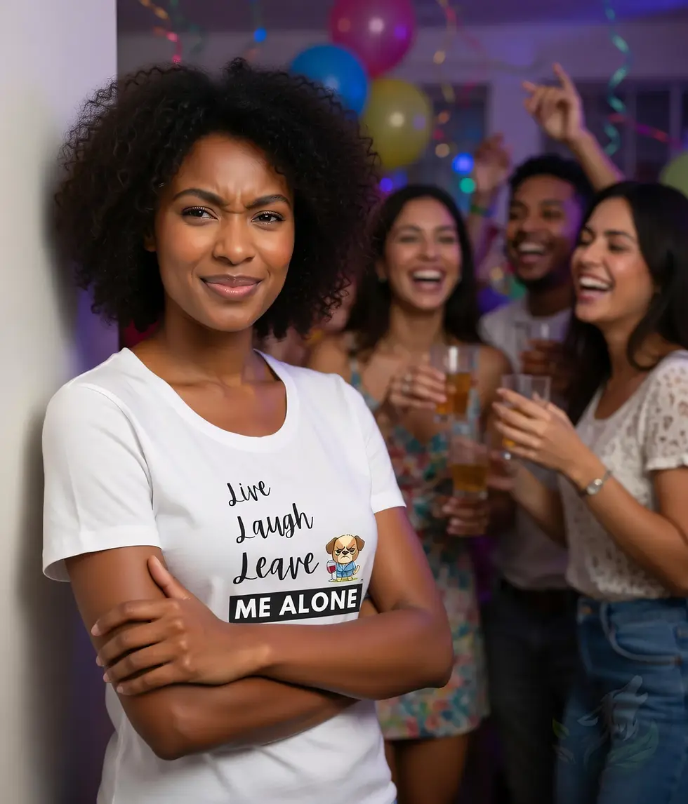 Thumbnail: Woman with curly hair standing at party in white scoop neck t-shirt with "Live Laugh Leave ME ALONE" and grumpy dog design.