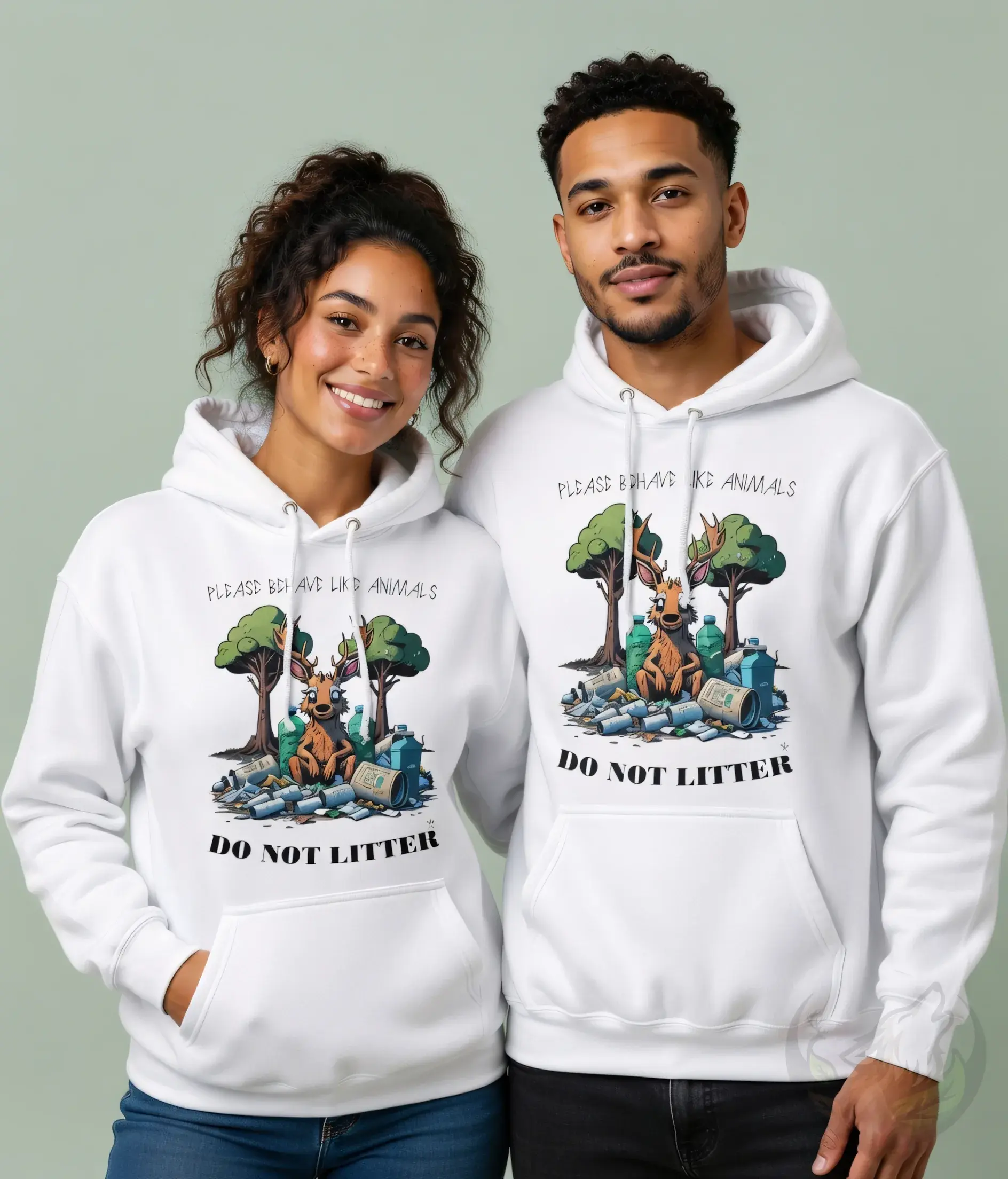 Couple wearing white unisex Behave Like Animals environmental hoodies in a clean studio portrait