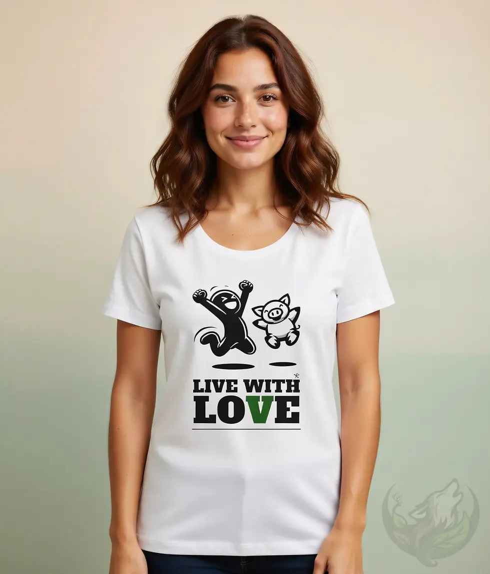 Thumbnail: Woman in white scoop neck t-shirt featuring joyful jumping figure and pig with "LIVE WITH LOVE" slogan.