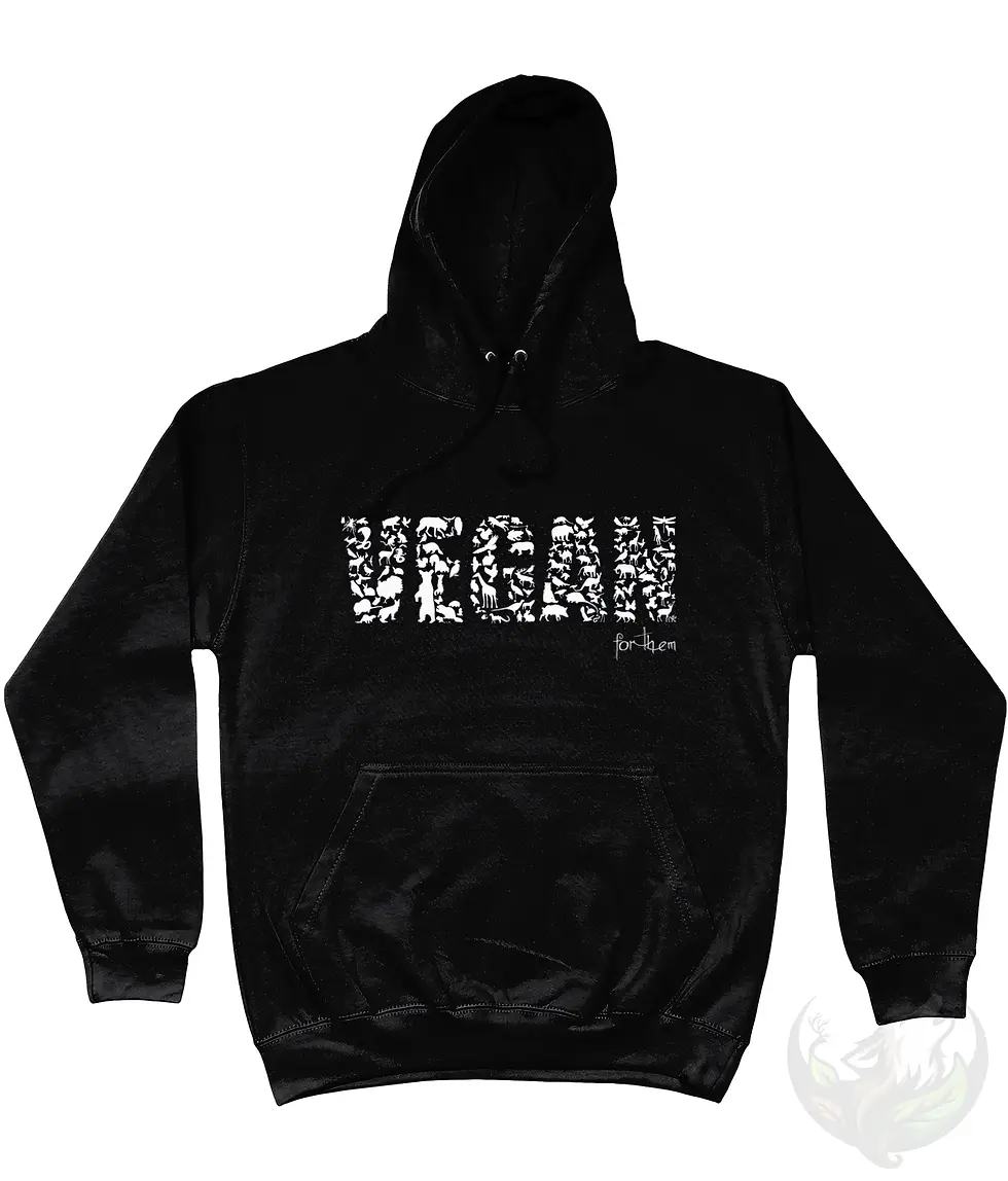 Thumbnail: Black unisex hoodie showing "VEGAN" word art from white animal shapes and "for them" detail.