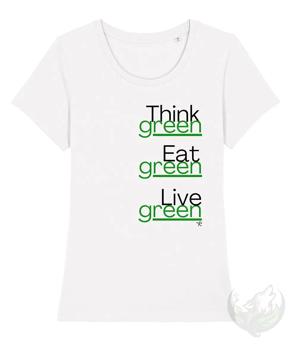 Thumbnail: White scoop‑neck women’s environmental shirt with the “Think Green — Eat Green — Live Green” stacked text design.