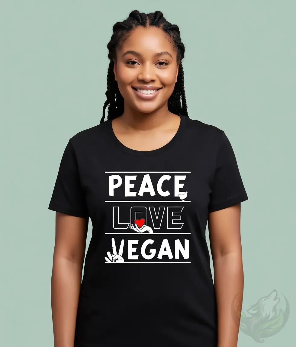 Thumbnail: Black scoop‑neck tee with the Vegan Quotes “Peace Love Vegan” design shown in a studio setting.