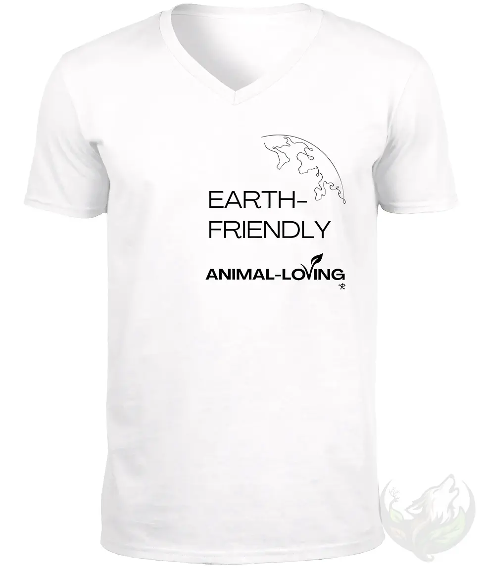 Thumbnail: White V-neck unisex t-shirt flat lay with "Earth-Friendly Animal-Loving" text and globe graphic, vegan eco design.
