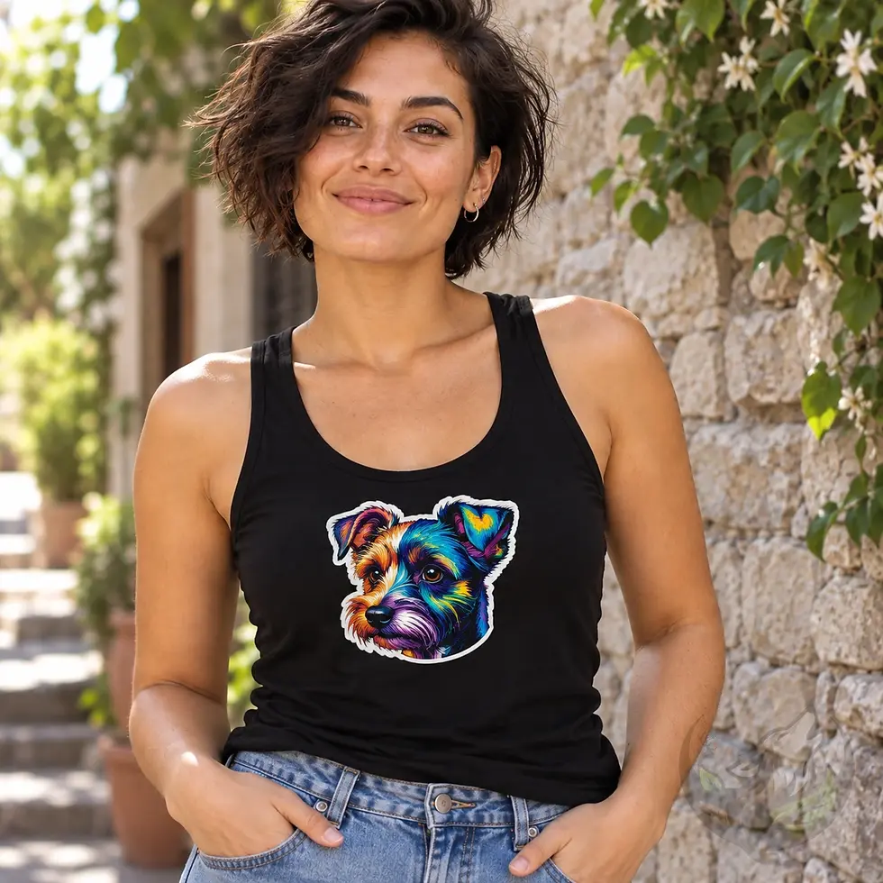 Woman wearing a black Pixels Van Dogh tank top featuring a colourful artistic dog portrait
