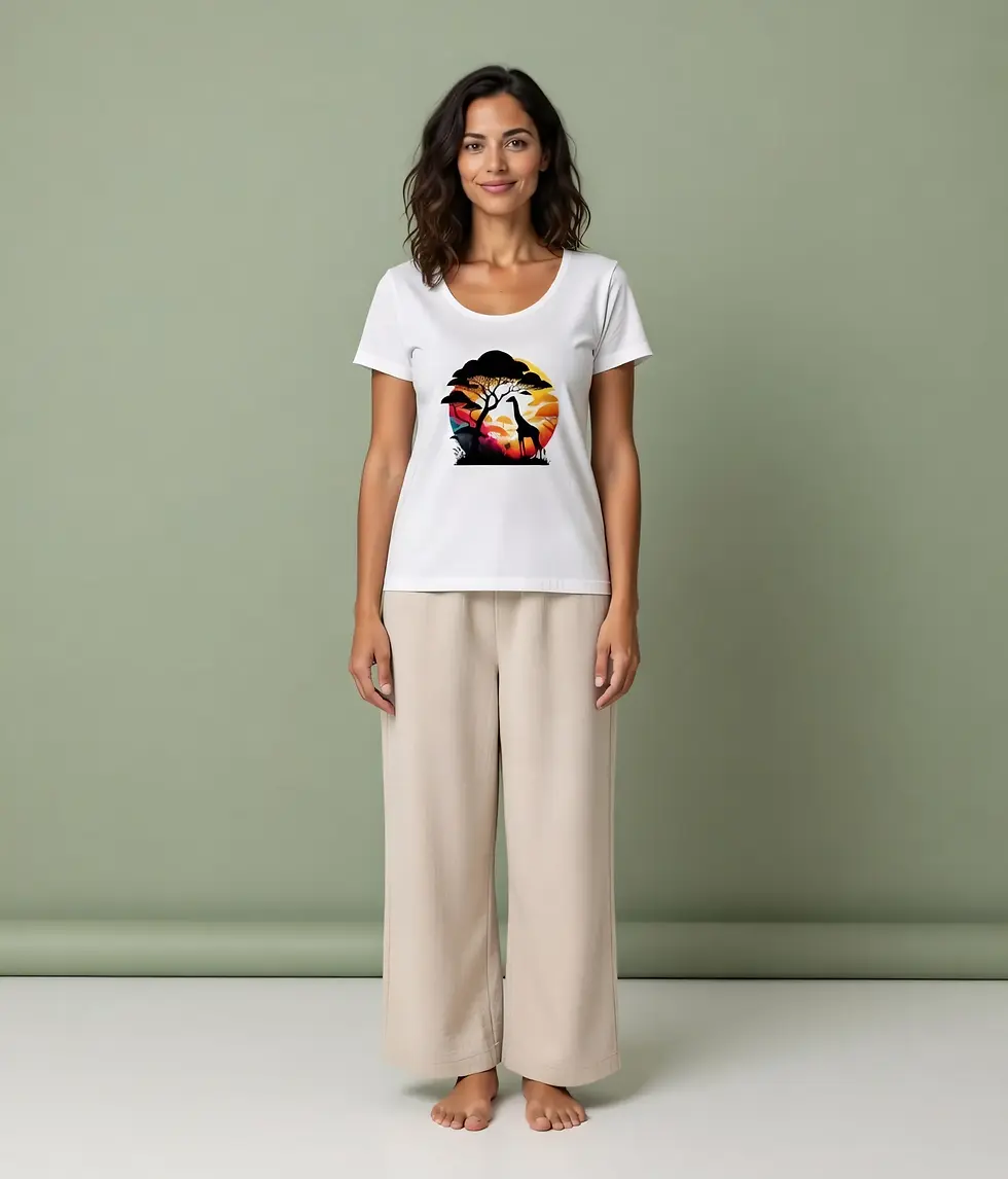 Thumbnail: Woman in a white scoop neck tee showcasing the colorful giraffe design in a well-lit studio setup.