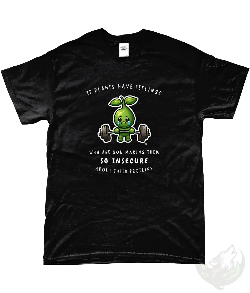 Thumbnail: Black unisex t-shirt flat lay with funny "If Plants Have Feelings" crying plant lifting weights graphic.