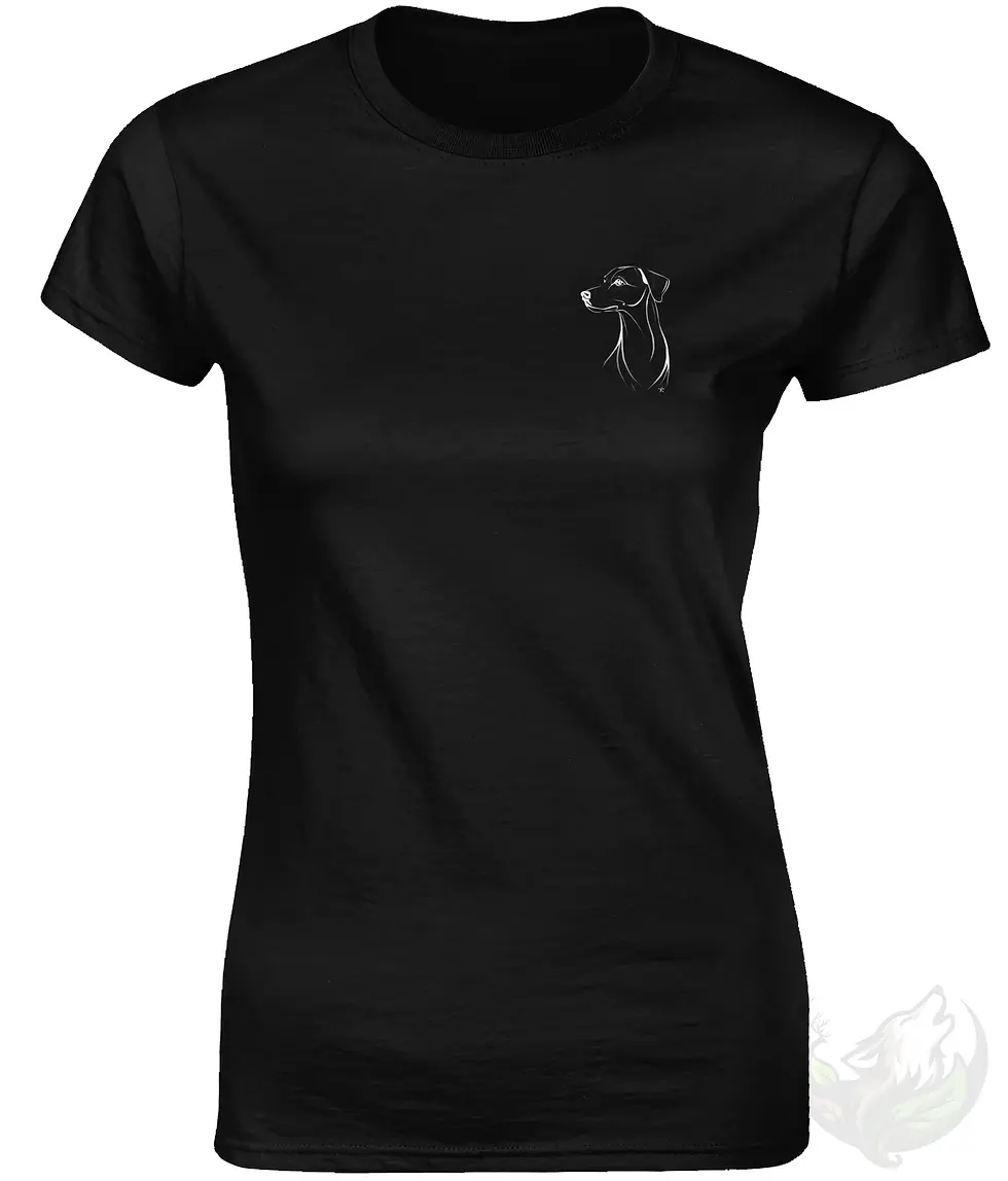 Thumbnail: Black women’s fitted t-shirt featuring a small elegant dog line drawing on the left upper side.
