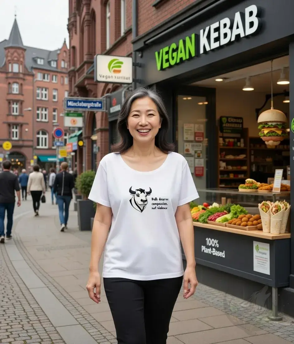 Thumbnail: White scoop‑neck tee with the Vegan Quotes “Bulls Deserve Compassion” design worn while walking through a busy city street ne