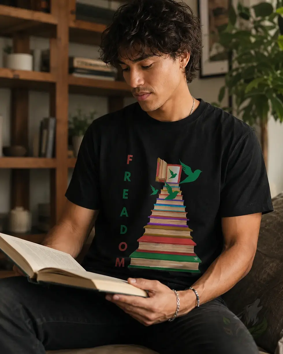Man relaxing with a book wearing black Freadom shirt featuring books and flying birds artwork