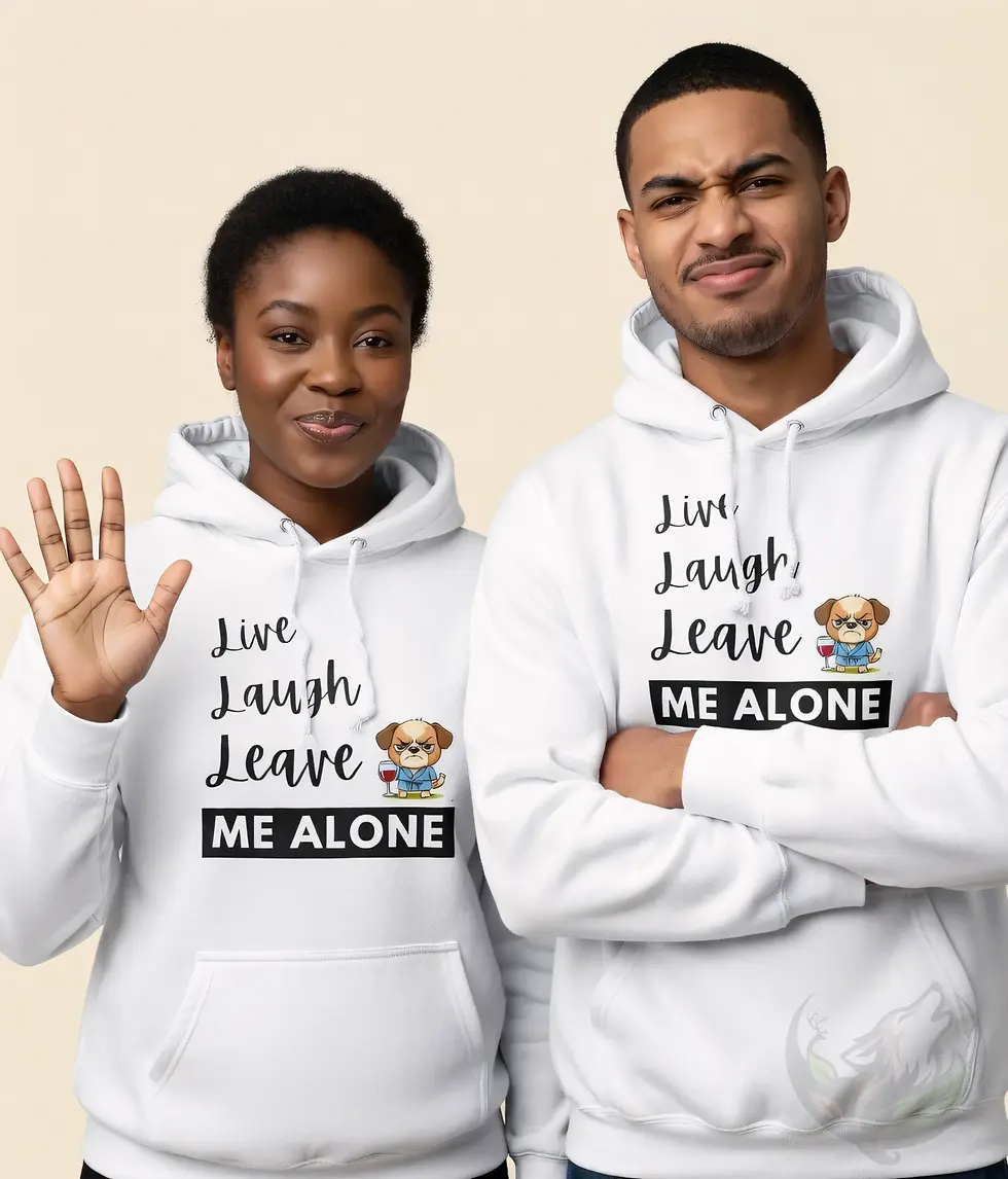 Black and white couple wearing matching Live Laugh Leave Me Alone hoodies with funny dog design.