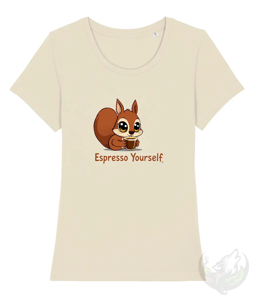 Thumbnail: Natural scoop‑neck Espresso Yourself shirt with a lively coffee‑squirrel design for bold food‑pun fans.