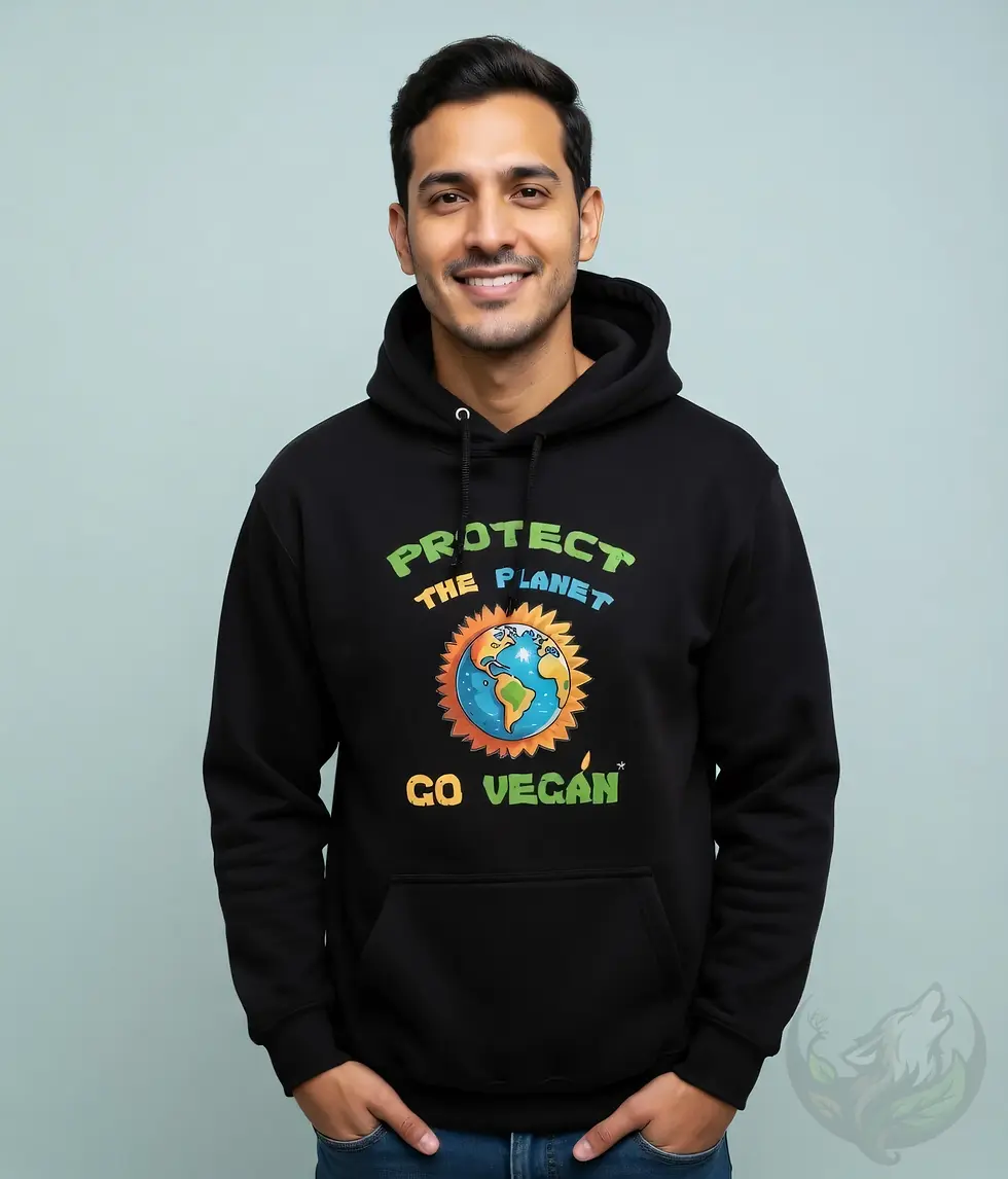 Black unisex hoodie with colorful "PROTECT THE PLANET GO VEGAN" text and cartoon Earth graphic.