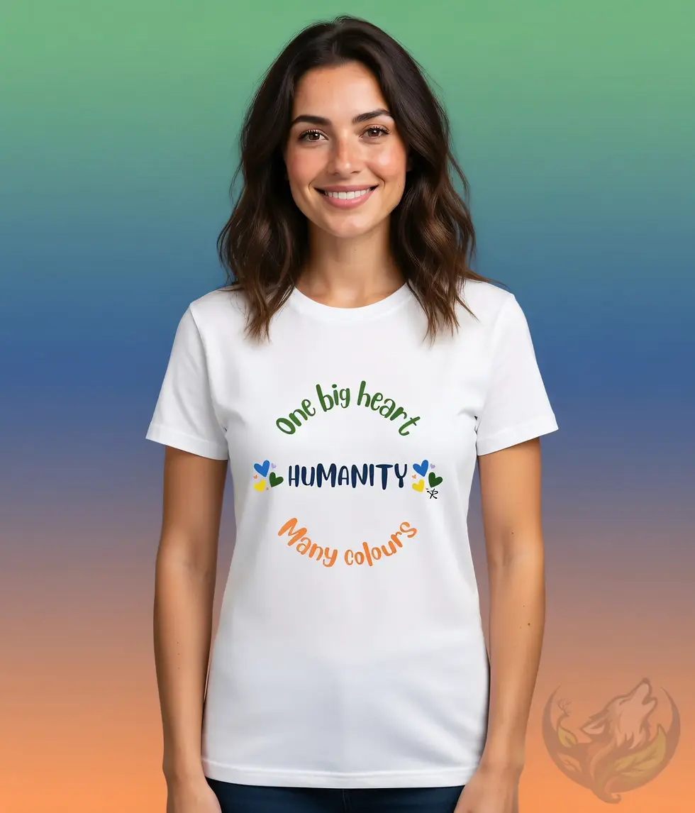 Woman in fitted white t‑shirt with circular Humanity design and colorful heart accents.
