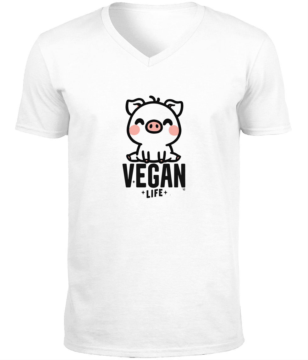 Thumbnail: Clean white Vegan Life Pig men’s V‑neck with a friendly cartoon pig vegan graphic.