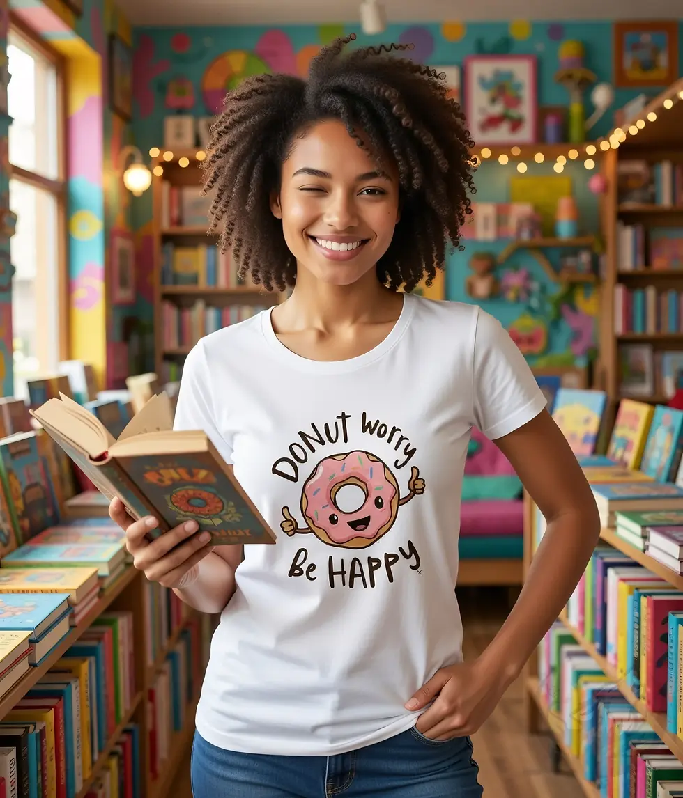 Thumbnail: Scoop neck tee with a cheerful donut character and a playful “Donut Worry, Be Happy” food‑pun design in a colorful bookstore.