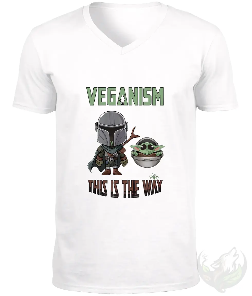 Thumbnail: White V-neck unisex t-shirt flat lay with Veganism text, Mandalorian and Grogu cartoon, "This is the Way" slogan.