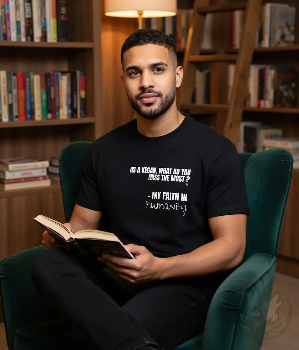 Thumbnail: Black unisex t-shirt on man reading book in library, "As A Vegan... My Faith In Humanity" humorous vegan design.
