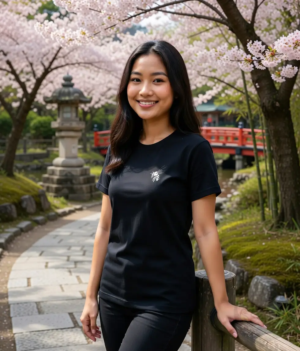 Woman smiling outdoors near cherry blossoms wearing a black fitted t-shirt with a minimalist bee design on the left chest.