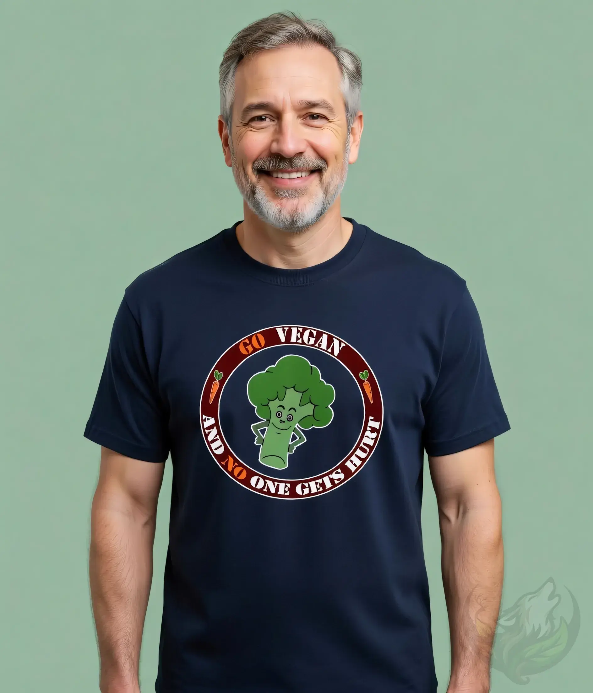 Navy unisex t-shirt worn by smiling older man with grey hair, "Go Vegan And No One Gets Hurt" broccoli vegan design.