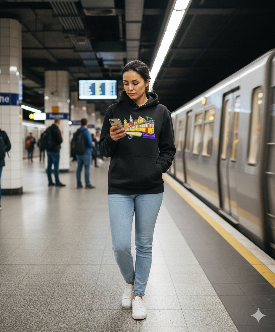 Thumbnail: Woman wearing a black DefP Tram 5 hoodie with a painted flying tram and colorful cityscape.