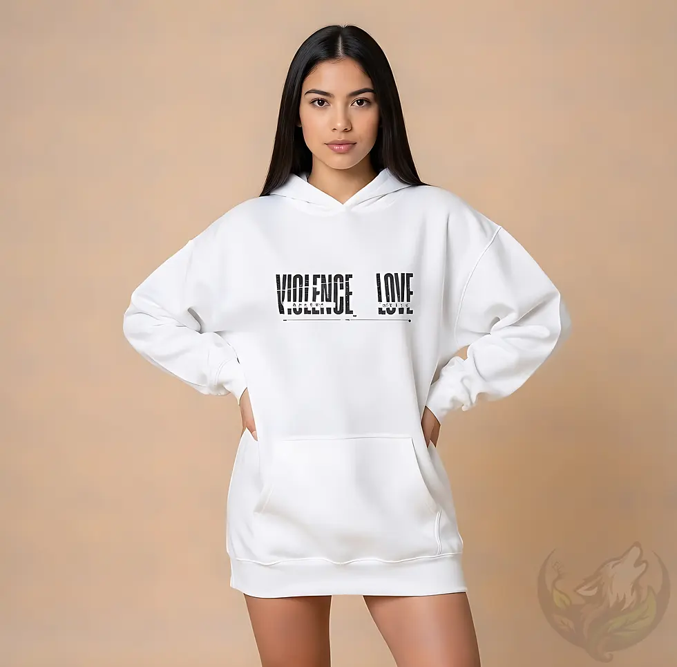 Thumbnail: Woman wearing a white hoodie with the bold message "Violence Breaks, Love Heals" in a clean studio portrait