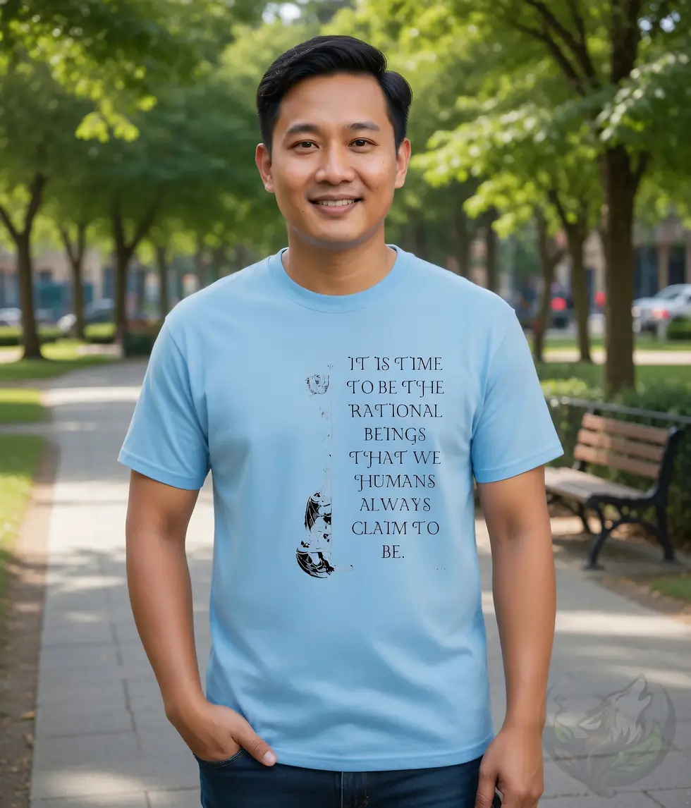 Thumbnail: Light blue unisex t-shirt worn by smiling man outdoors, "It Is Time To Be The Rational Beings..." quote illustration.