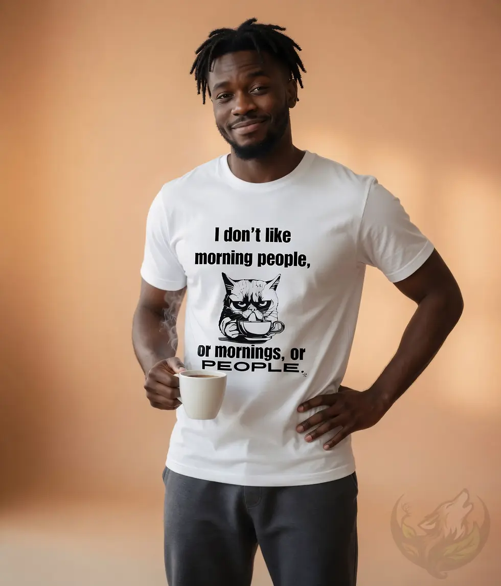 Man wearing white unisex grumpy cat coffee shirt in studio holding mug with funny morning attitude
