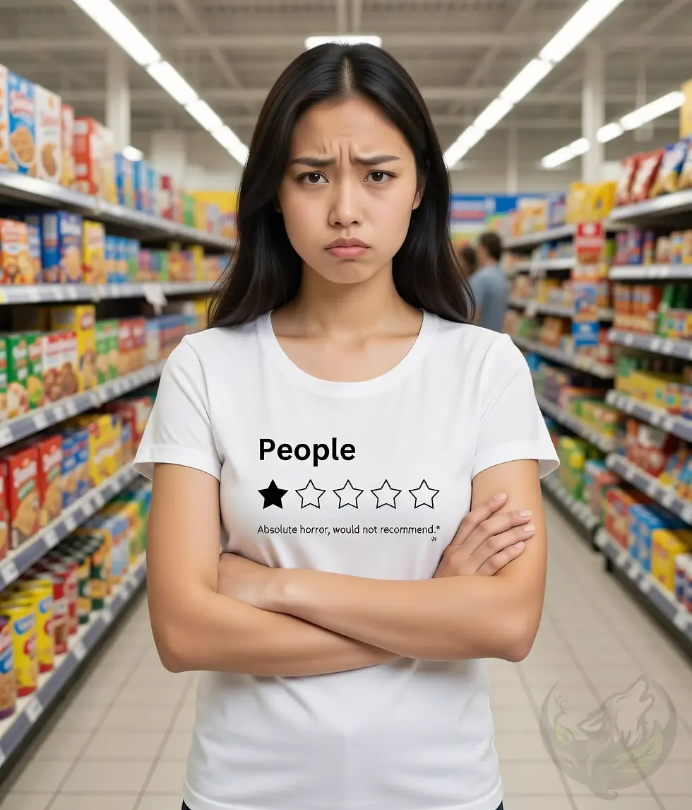 Thumbnail: Scoop neck white t‑shirt with one‑star People Ratings design, worn while browsing a bright grocery aisle.