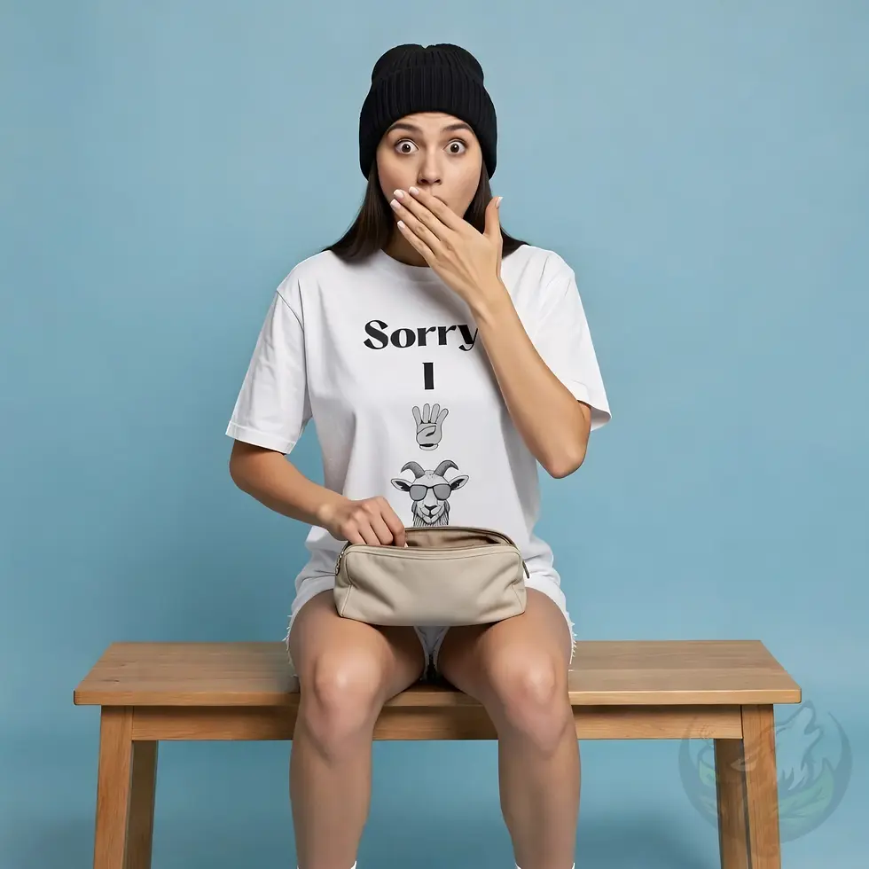 Woman in white fitted t-shirt with funny "Sorry, I 4 goat" goat graphic design.