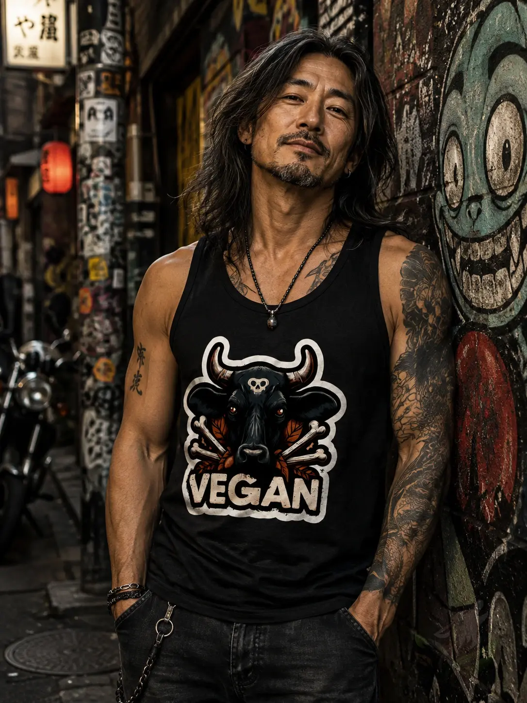 A person standing in a graffiti covered alley wearing a black men’s Dark Side Bull vegan tank top featuring a stylized bull h