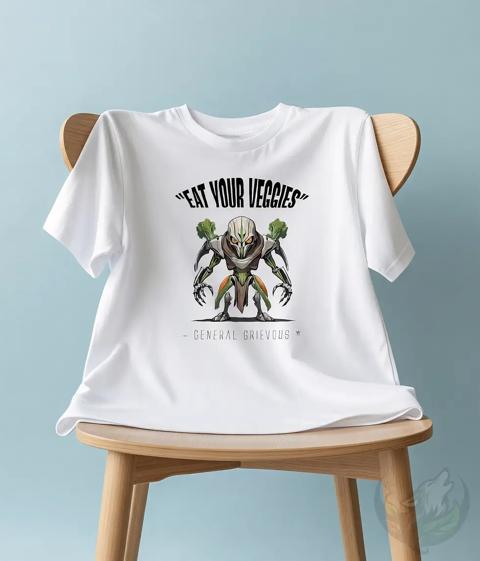Thumbnail: white eat your veggies tee with cartoon general grievous holding broccoli draped on wooden chair against blue backdrop