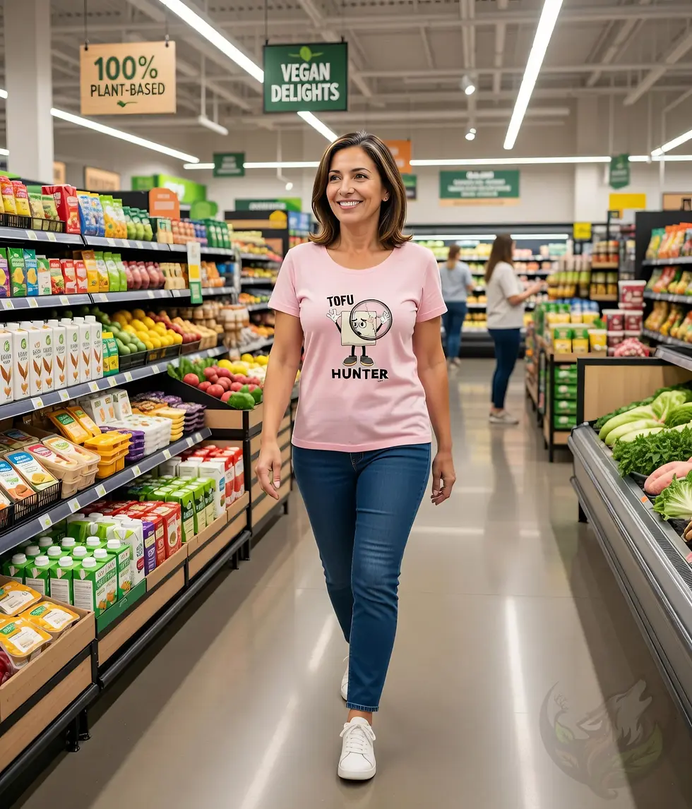 Thumbnail: Cotton‑pink scoop‑neck tee with the Vegan Quotes “Tofu Hunter” design worn while walking through a plant‑based grocery aisle.