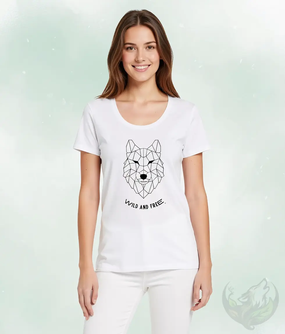 Thumbnail: Woman wearing a comfortable white scoop neck tee with the geometric wolf Wild and Free design in a studio setup.
